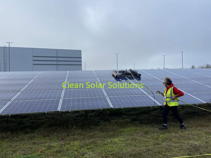 Ground mounted solar panels being cleaned in Worksop with a robot